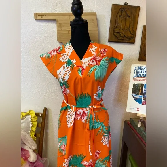 Waltah Clarke (?) “Kamaile” Vintage Hawaiian Shops Maxi Dress Orange 70s SMALL - Picture 13 of 15